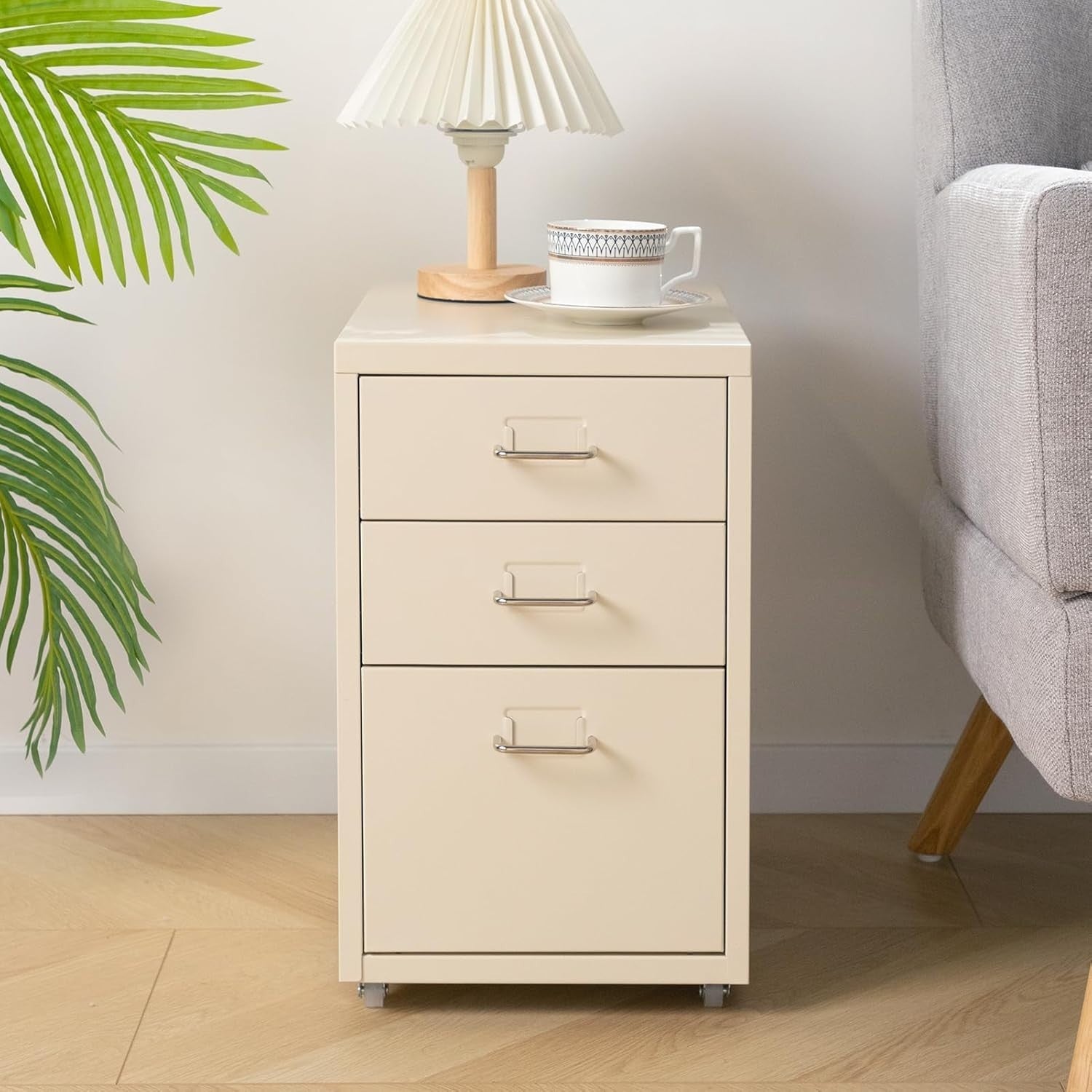 Cream Metal Rolling Drawer Cabinet 3 Tier Under Desk File Storage
