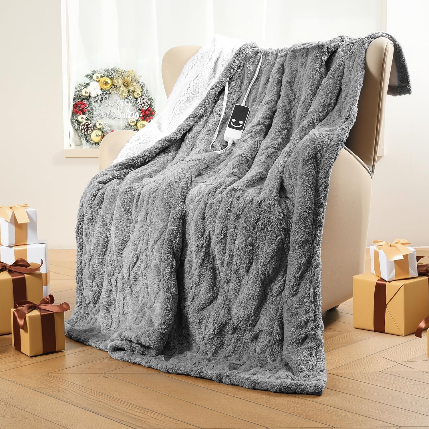 Electric Heated Throw Blanket Grey Sherpa Fleece 5 Heat Levels Auto Off 127x152c