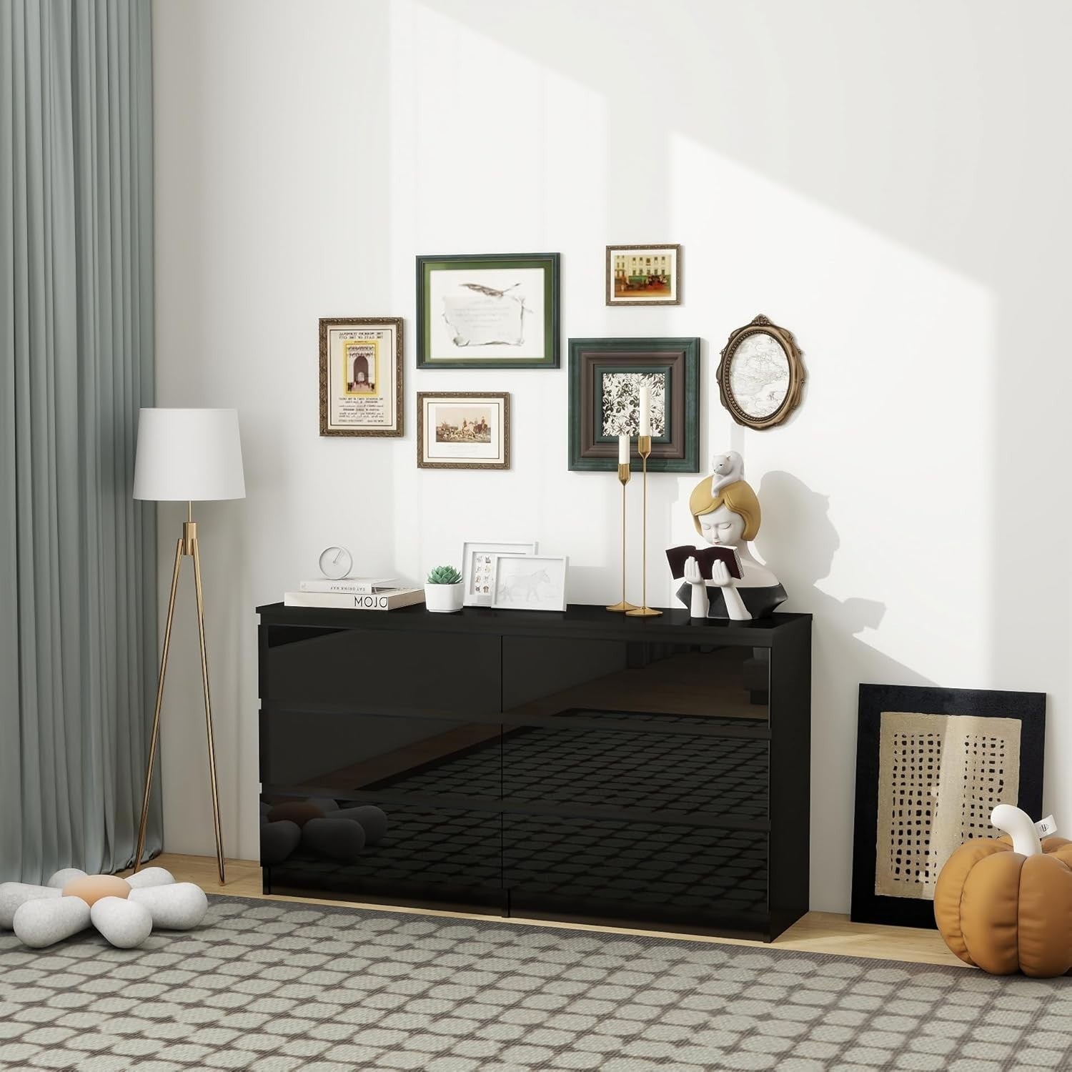 High-Gloss 6 Drawer Chest - Sleek Handleless Storage for Bedroom & Living Room