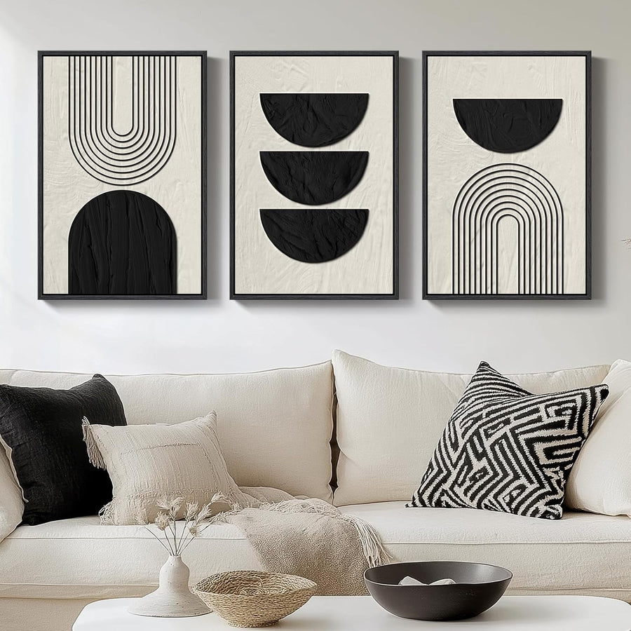 Boho Black White Abstract Canvas Wall Art 3 Panels 16x24" Decor