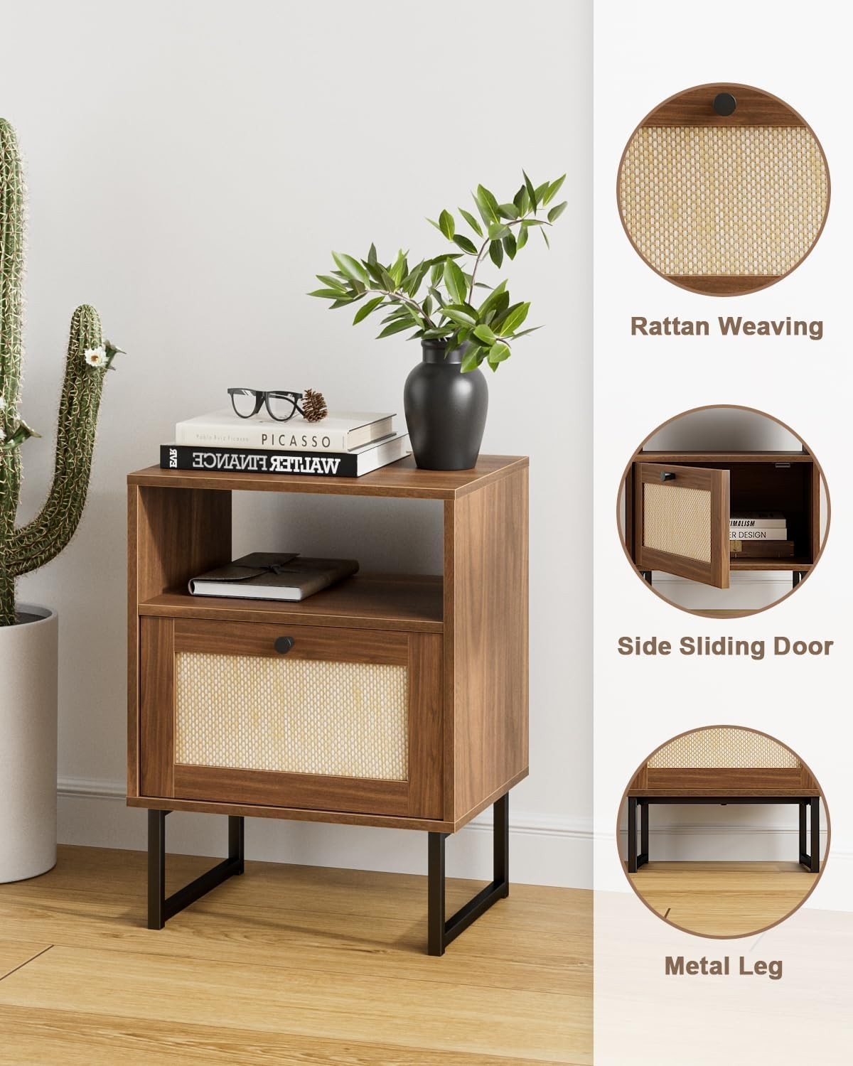 XL Rattan Bedside Table with Drawer Walnut Wood Nightstand Boho Farmhouse Style