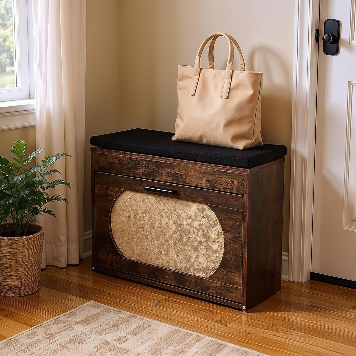 Rustic Brown Shoe Storage Bench with Flip Drawer & Cushioned Seat, 74x24x51 cm