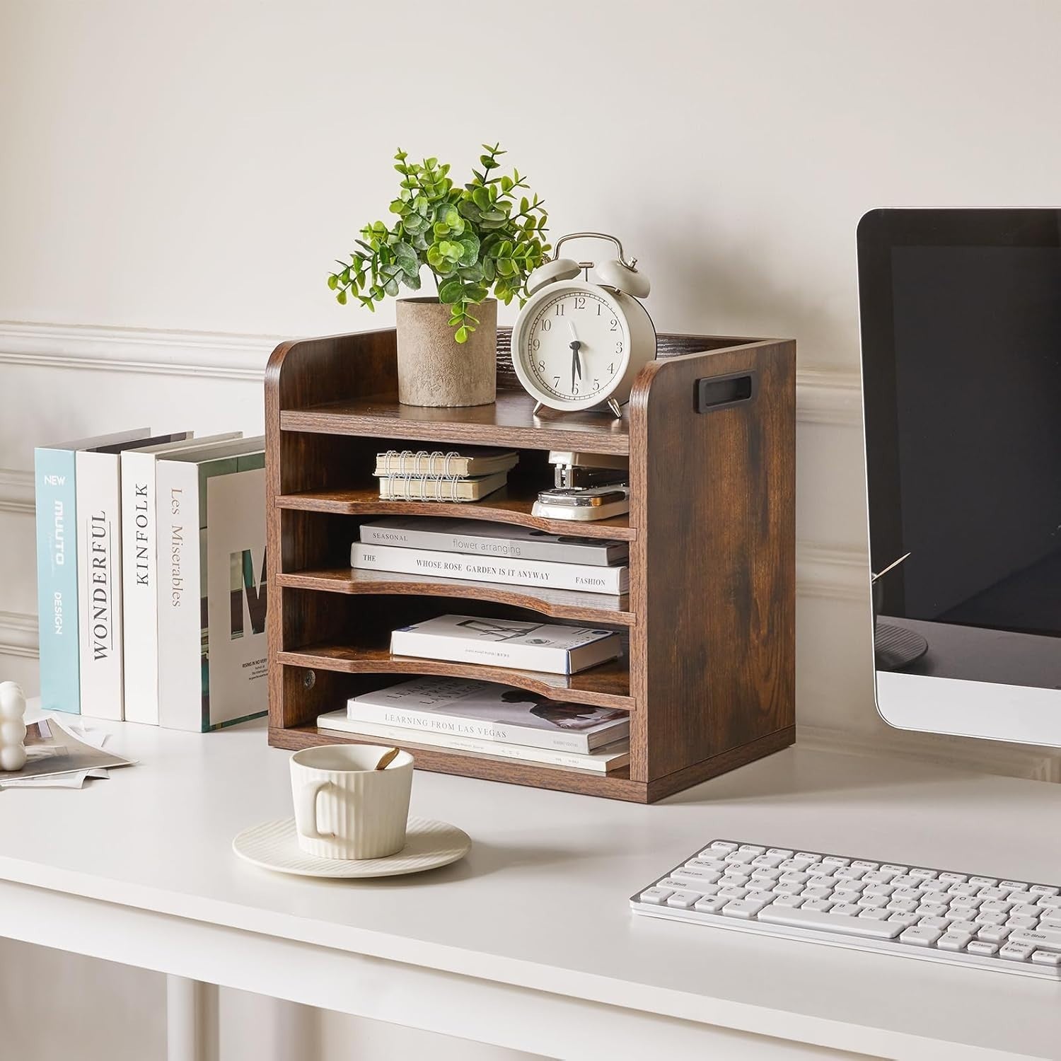 5 Tier Desk File Organiser A4 Paper Tray Magazine Holder Adjustable Wood