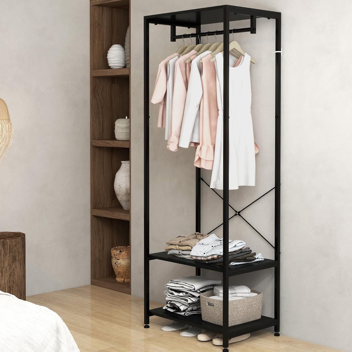 2-in-1 Coat Rack Hall Tree with Shoe Storage, Black Steel Frame, 2 Shelves