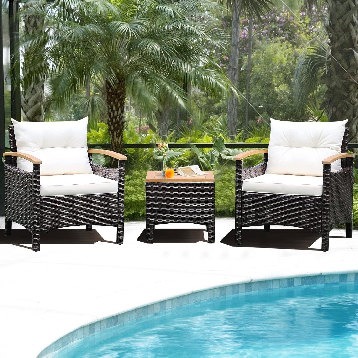 3-Piece Outdoor Rattan Sofa Set with Cushions & Acacia Wood Table Patio Garden