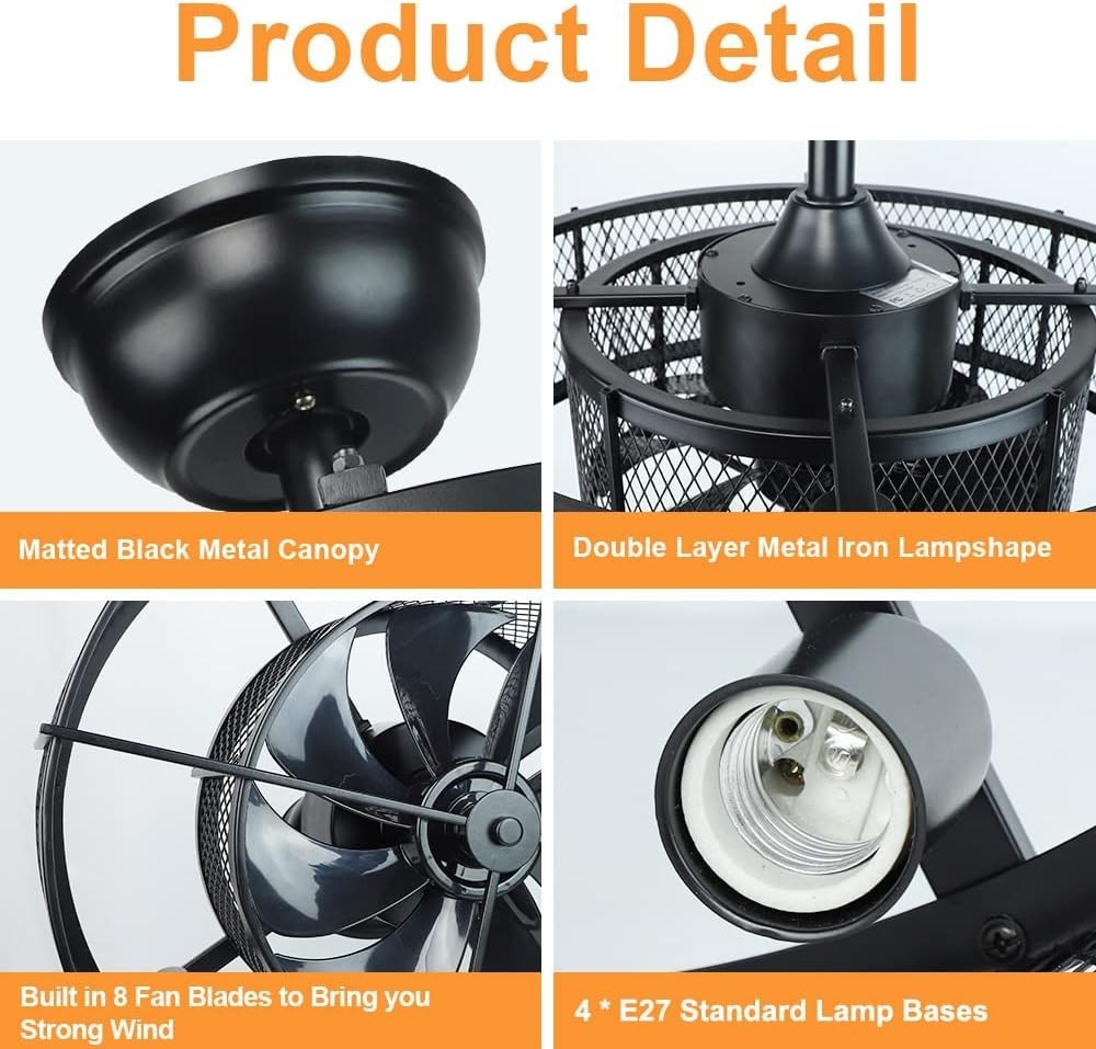 Industrial Ceiling Fan with Lights 4-Bulb E27 Remote 6 Speeds