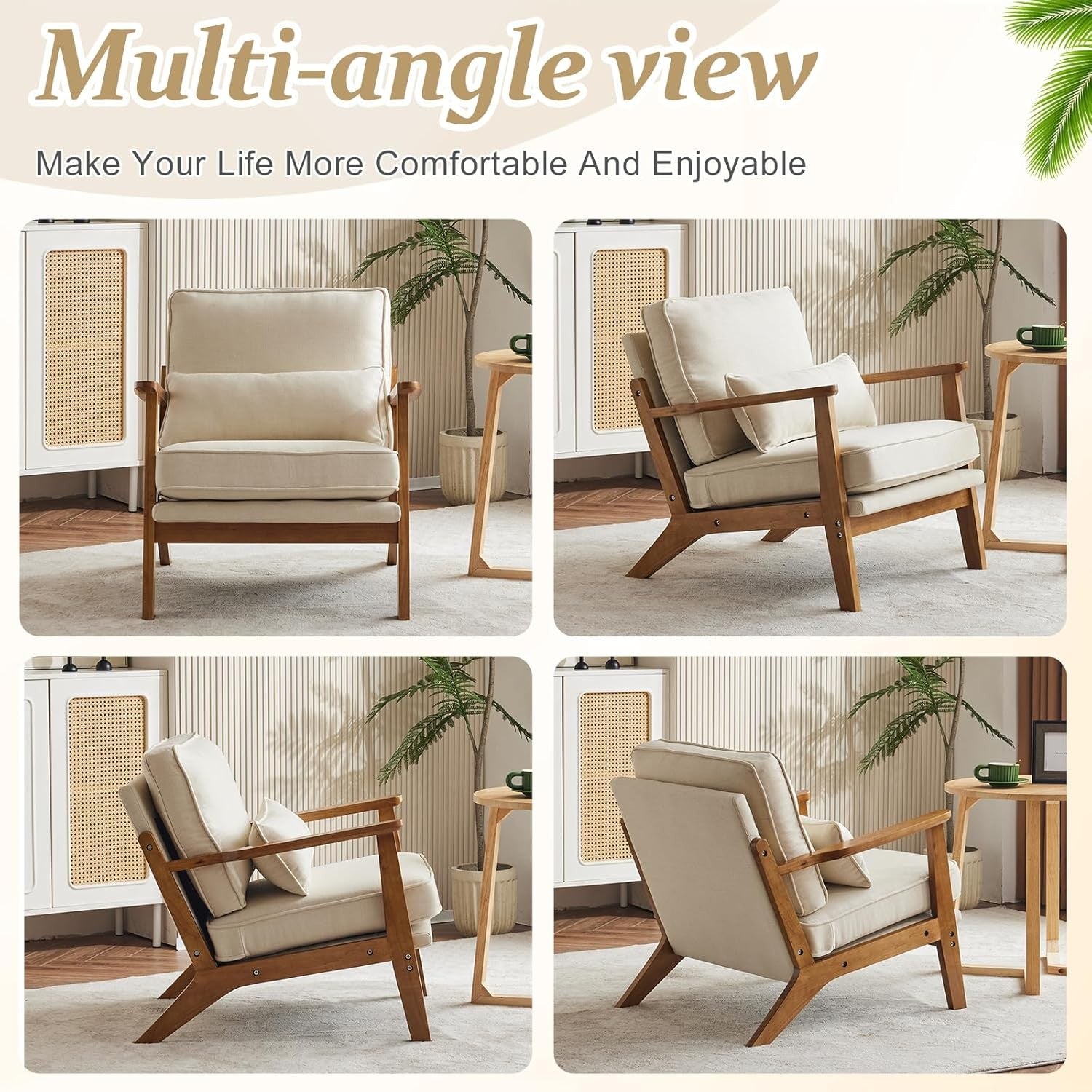 Beige Fabric Accent Chair – Solid Wood Lounge Armchair Wide Arm
