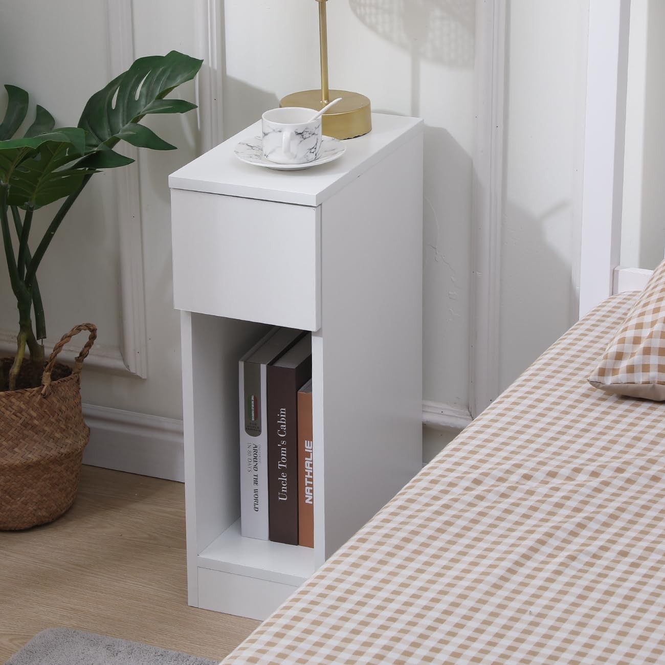 Slim White Bedside Table with Shelf & Drawer, Modern Narrow Nightstand for Small