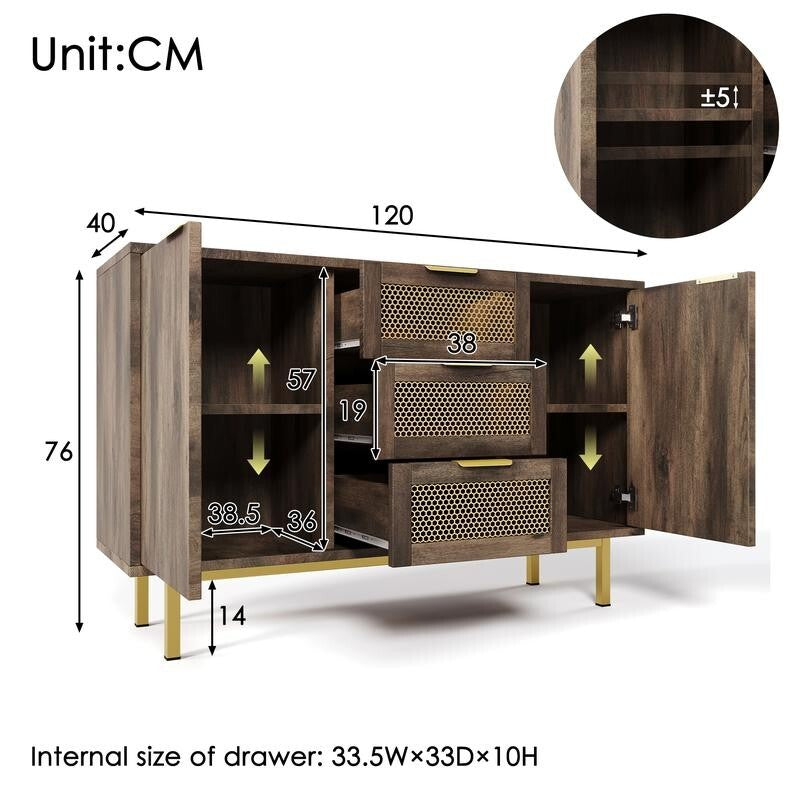 Dark Wood Rattan Sideboard Cabinet 3 Drawer 2 Door Storage Unit Hallway