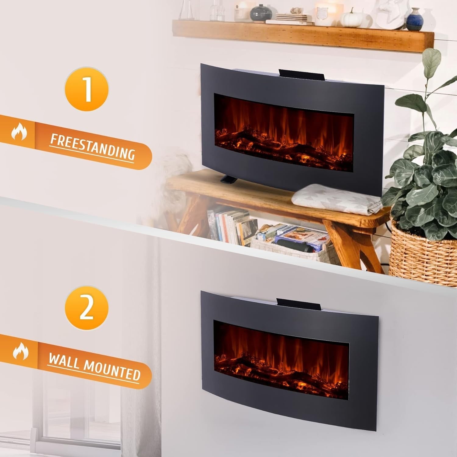 Curved Electric Fireplace Wall Mount or Freestanding 10 Flame Heater