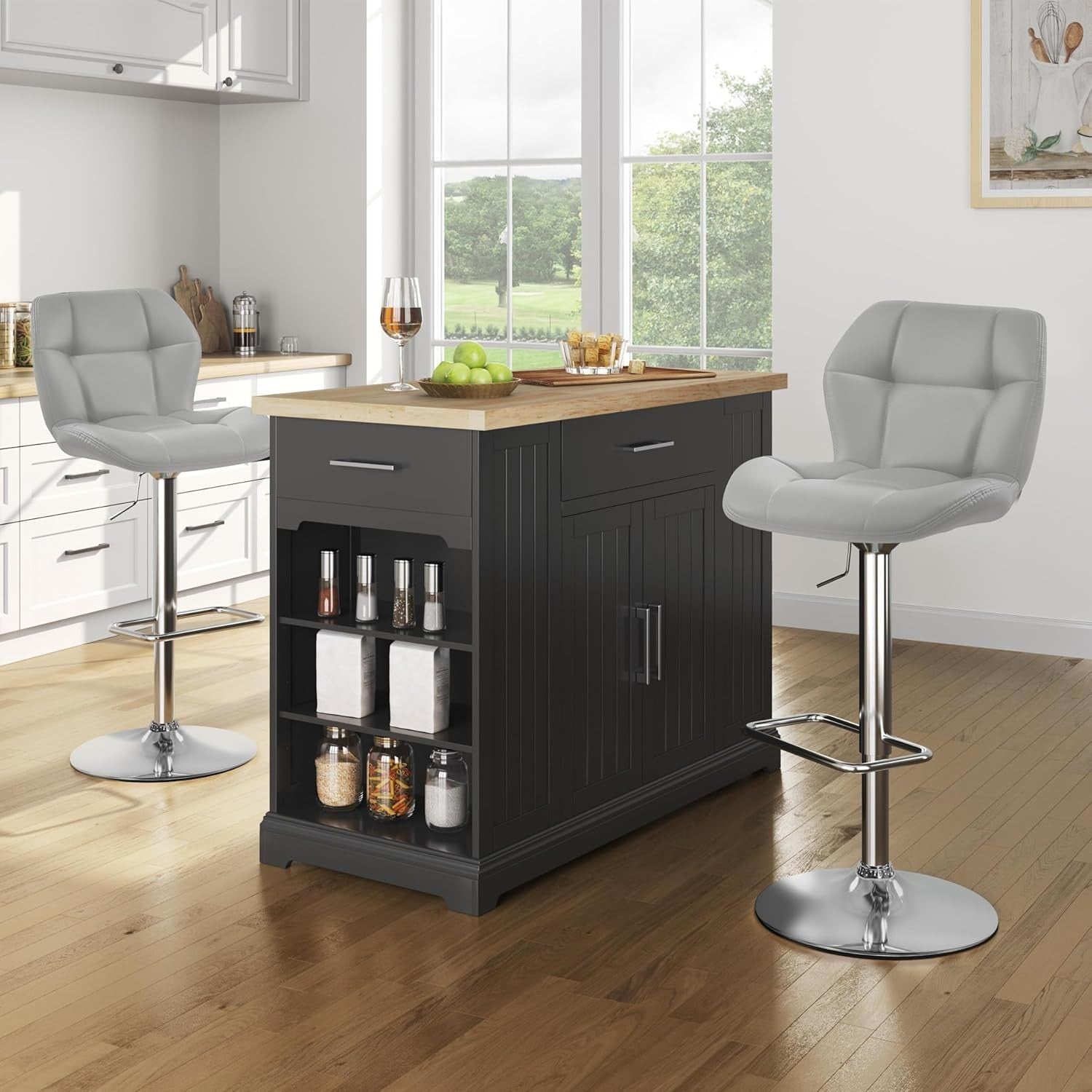 Swivel Bar Stools Set of 4 Light Grey PU Adjustable Counter Chairs
