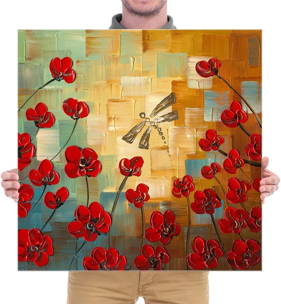 Hand Painted Floral Canvas Wall Art 60x60cm Framed Modern Home Decor