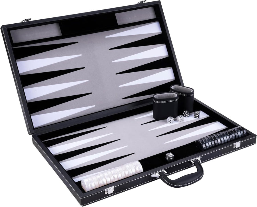 21 Inch Deluxe Backgammon Set Faux Leather Case Interior Dice Cups