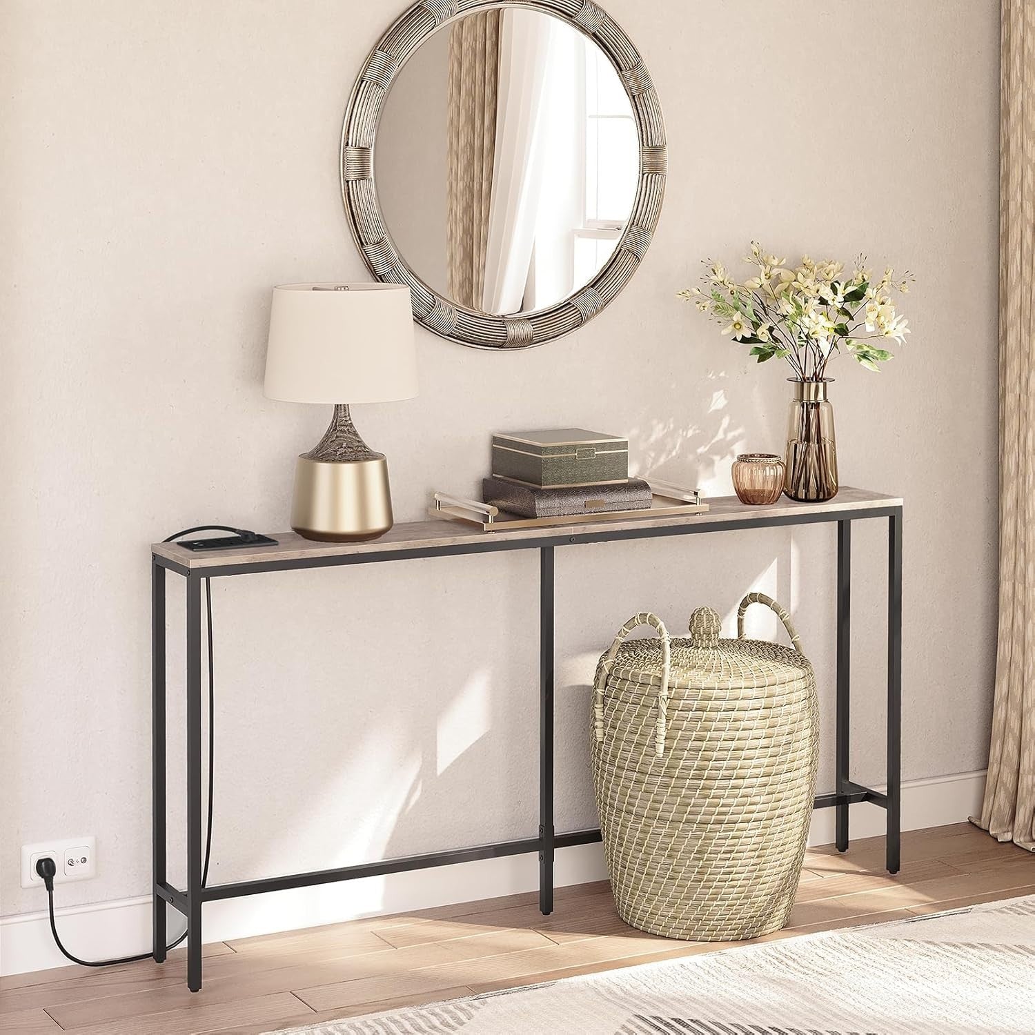 Power Strip Sofa Table 180cm Narrow Console with USB Ports & Rotatable Top