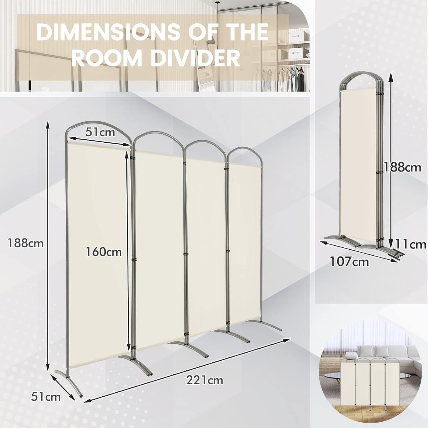 4 Panel White Folding Room Divider Freestanding Privacy Screen Partition 221x188