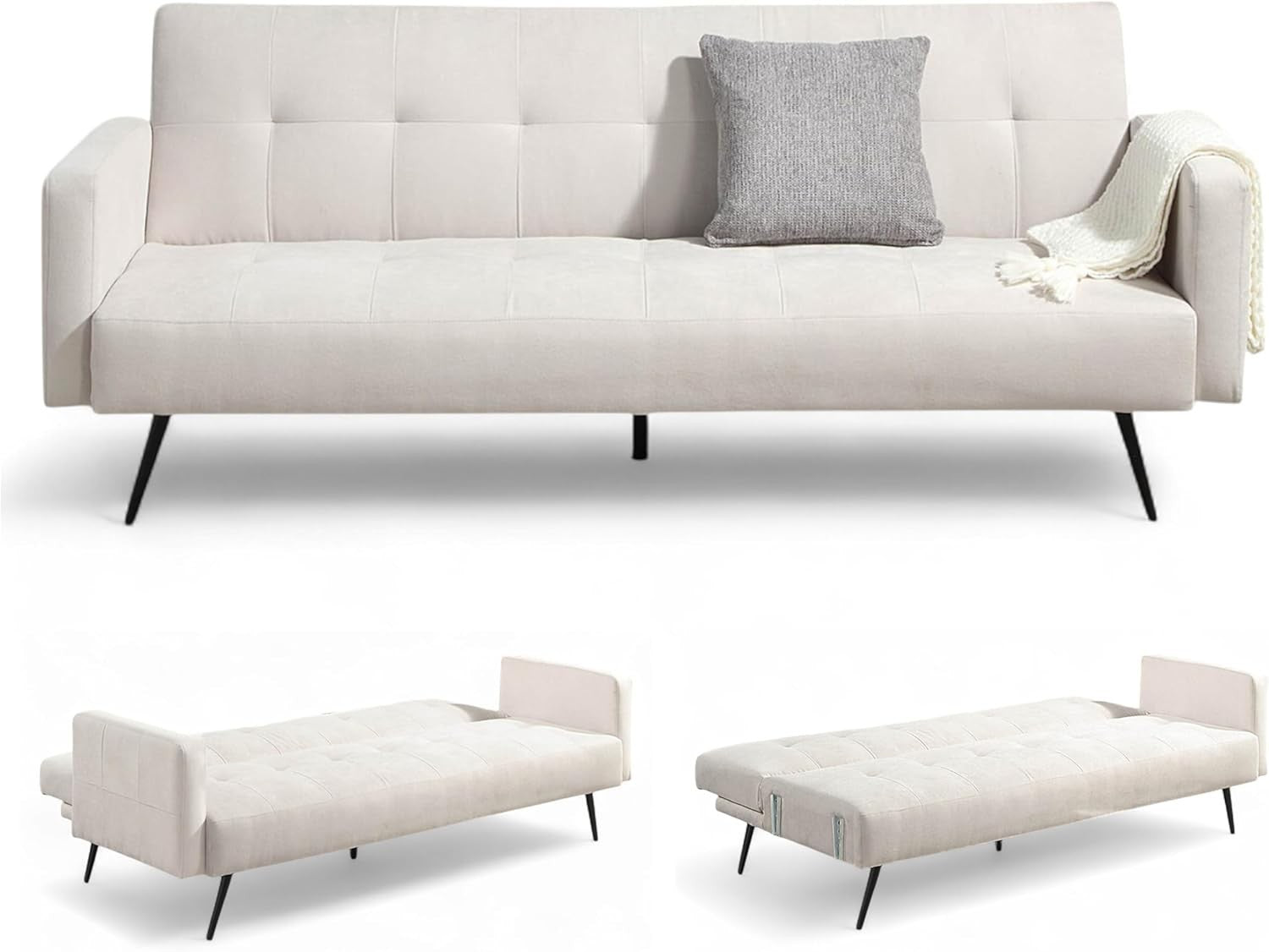 Luxury 3 Seater Sofa Bed Click Clack Natural Fabric Modern Minimalist