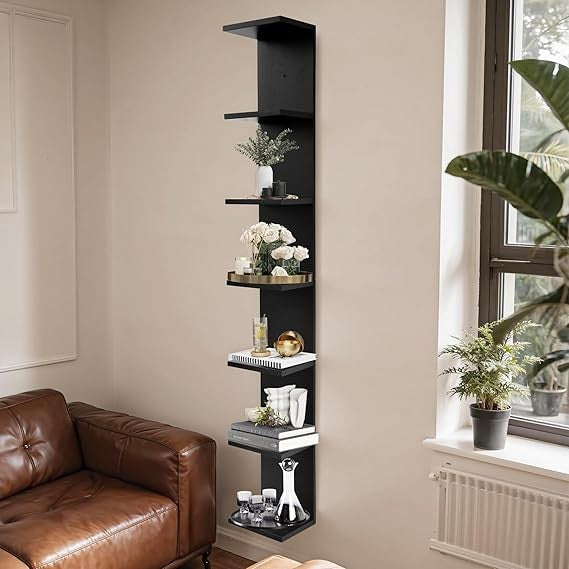 7-Tier Wall Mounted Shelf Slim Vertical Display Unit Tall Book Storage Rack