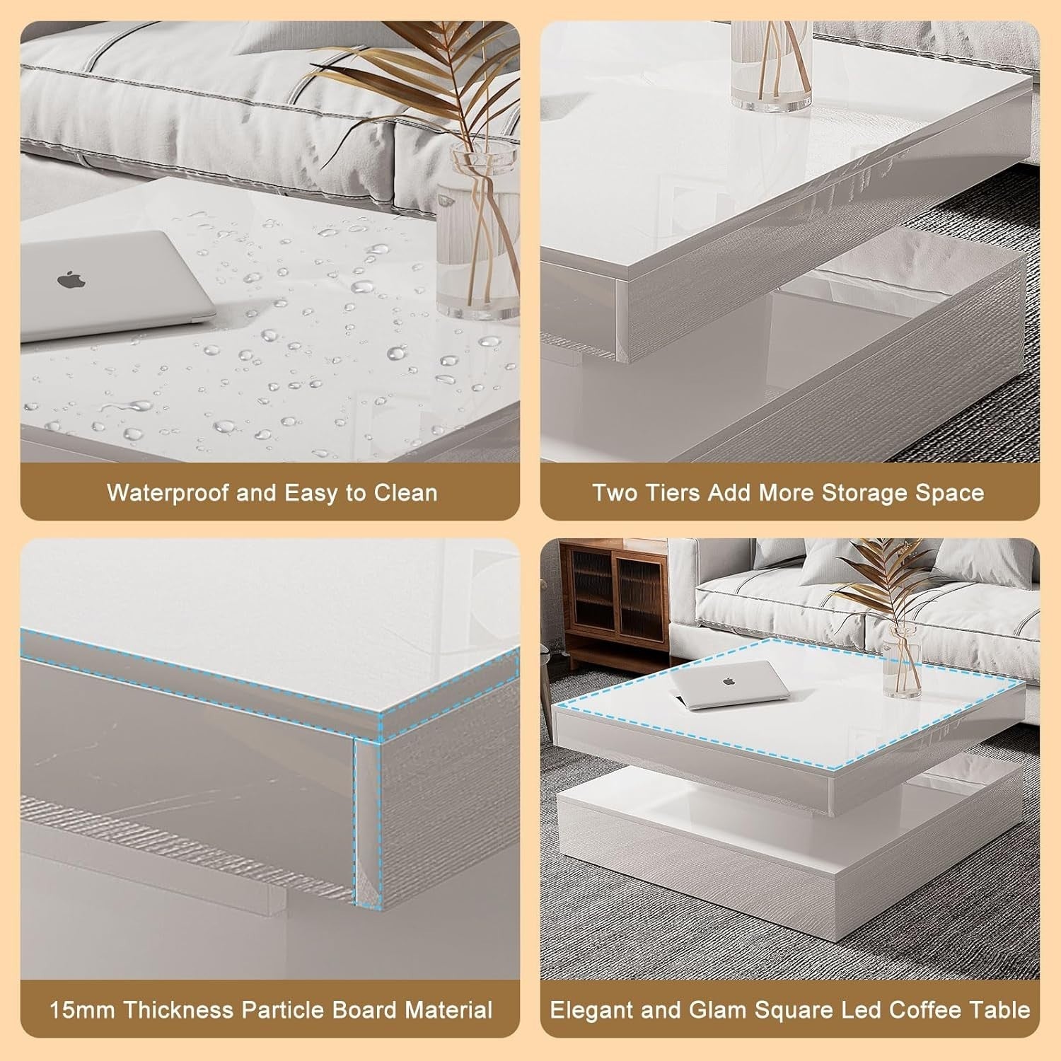White LED Coffee Table with Storage, 2-Tier Square High Gloss 78x78cm