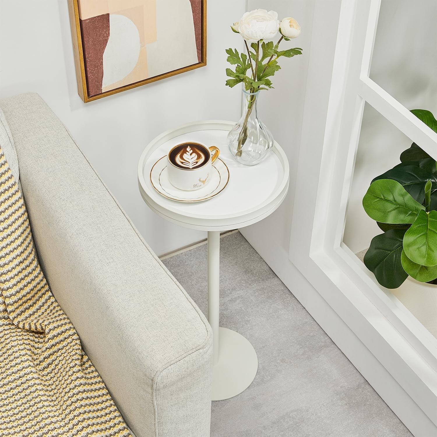 Small Round Coffee Table – 30x30x63cm Side Table for Living Room (White)