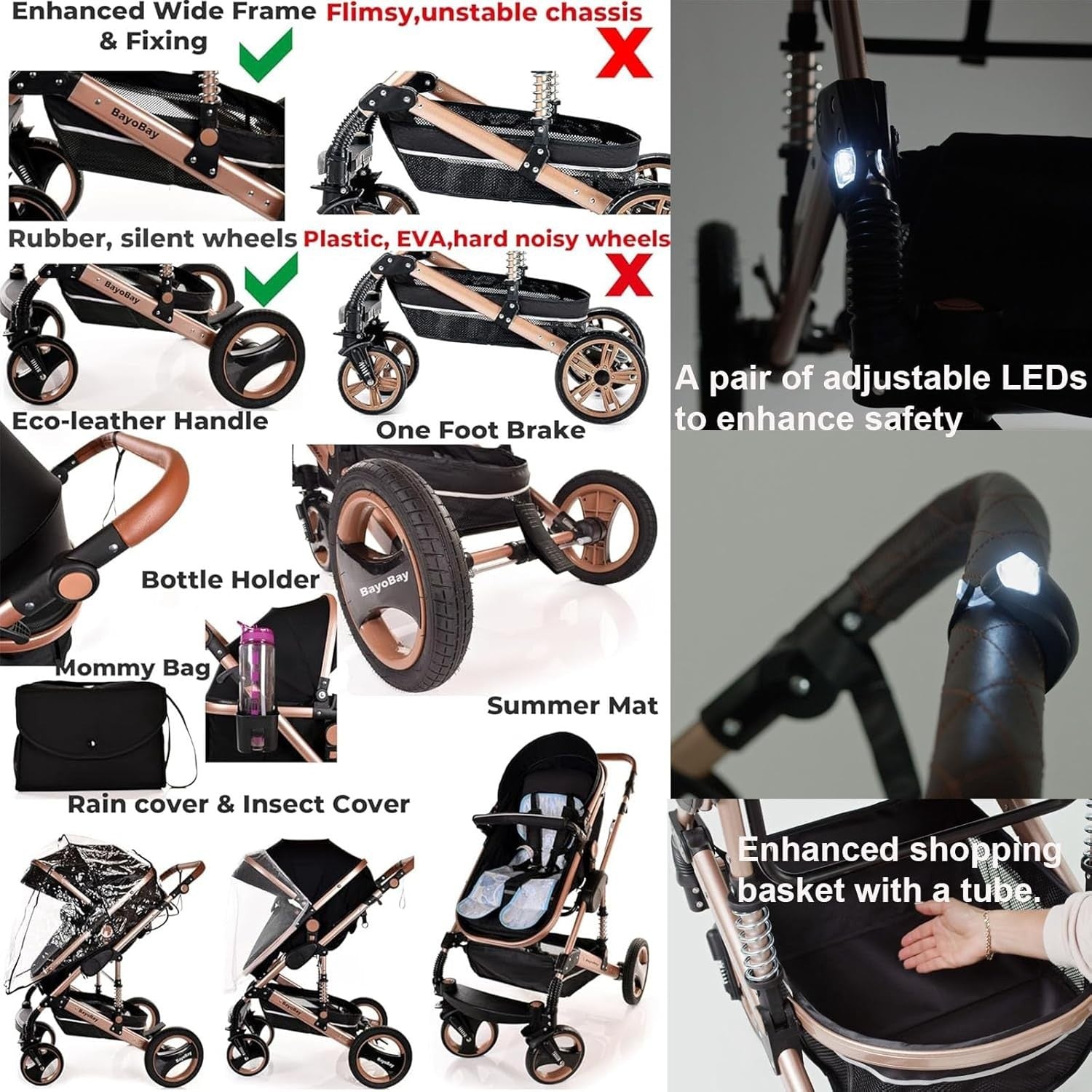 3 in 1 Baby Stroller Travel System Lightweight Pram Foldable Pushchair Black