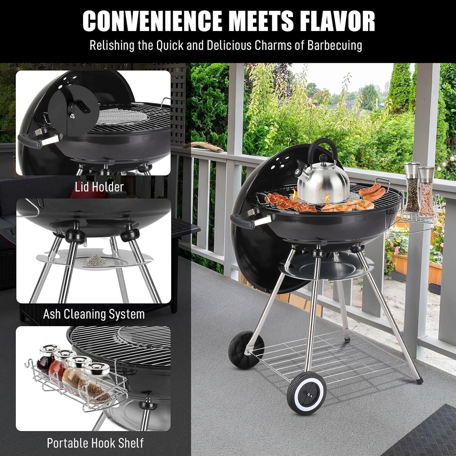 Large Charcoal BBQ Grill with Wheels & Thermometer, 28" Kettle Outdoor Garden
