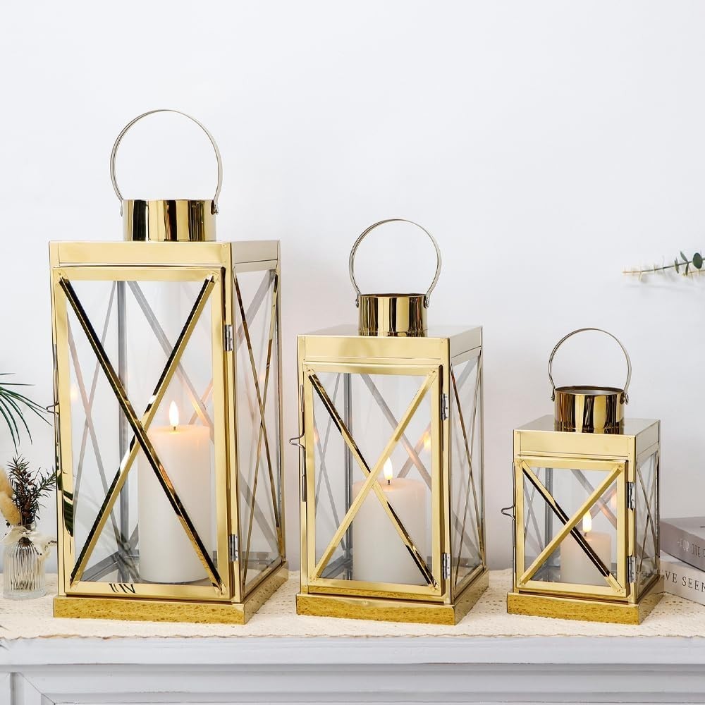 Set of 3 Gold Stainless Steel Lanterns Candle Holders