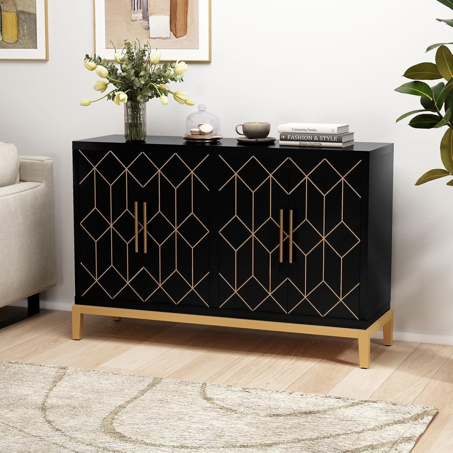 Black Sideboard Cabinet 4 Door Gold Trim Storage Unit for Hallway Room