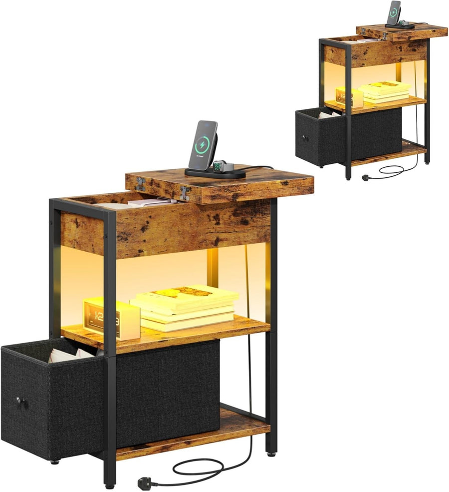 Set of 2 Rustic Brown LED Bedside Tables | USB Charging Station