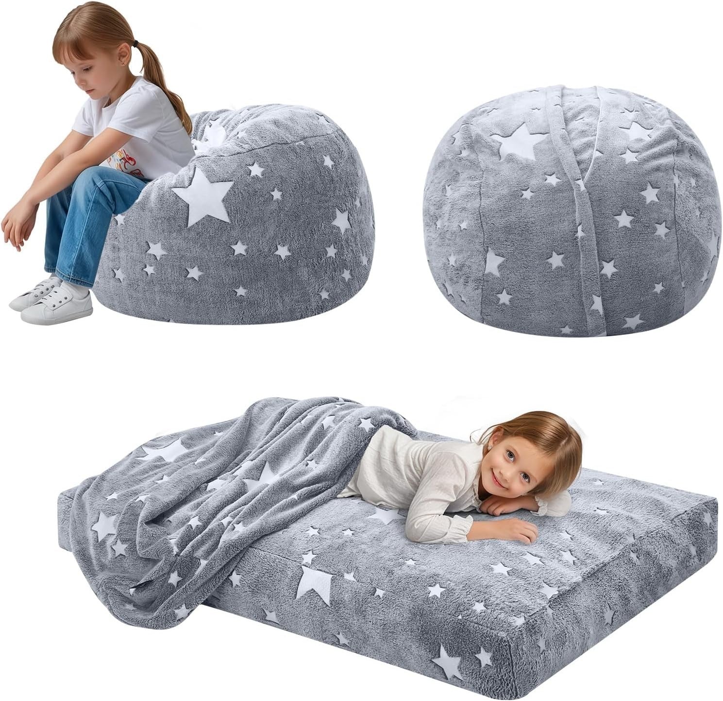 Kids Bean Bag Chair Bed Sofa Convertible Floor Mattress Grey Stars