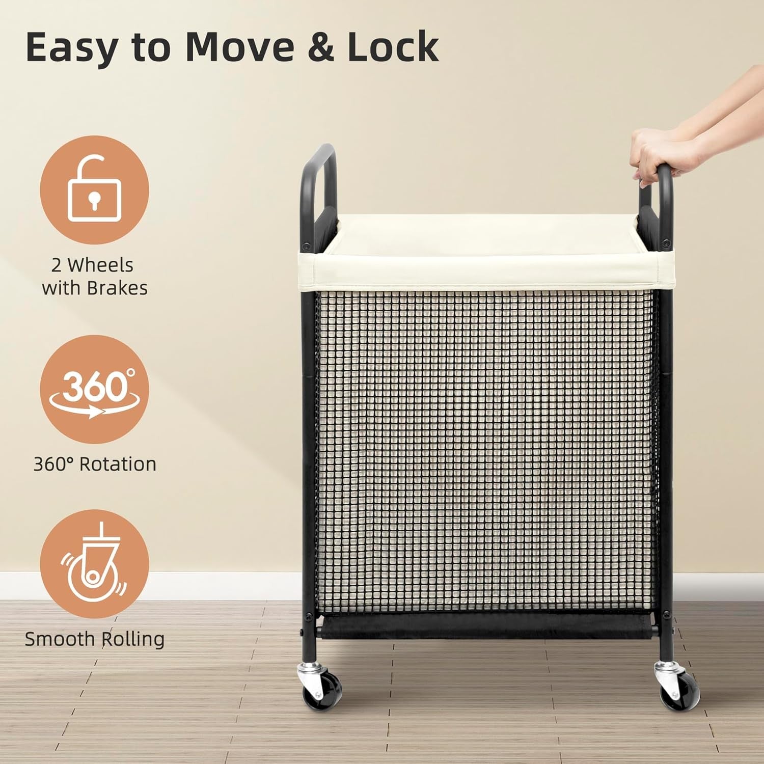90L Rolling Laundry Hamper with Wheels | Removable Liner | Beige Laundry Cart