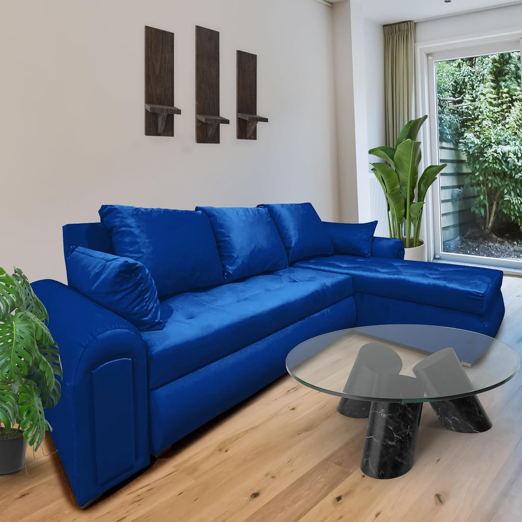 Convertible L-Shape Sofa Bed with Storage – Velvet Sleeper Couch Blue