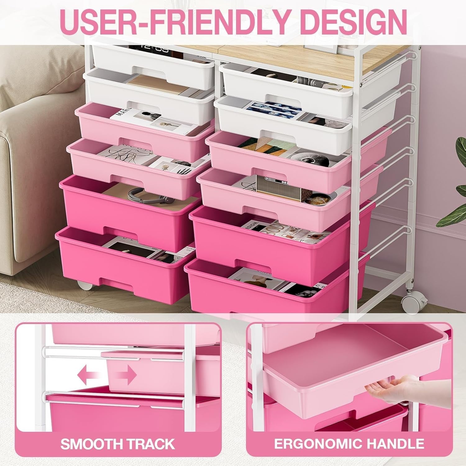 12 Drawer Rolling Storage Cart Makeup Craft Organizer Trolley Pink