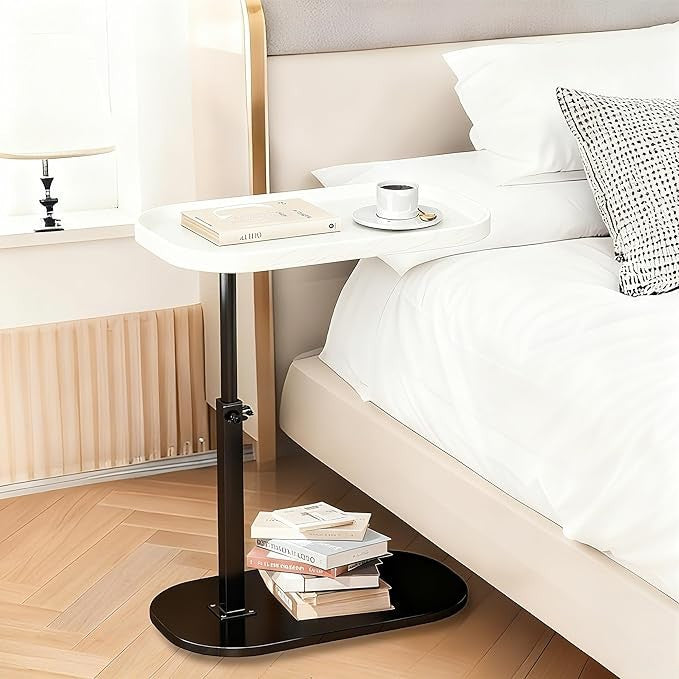 C Shaped Side Table Adjustable Height Swivel Laptop Sofa Bed Marble White