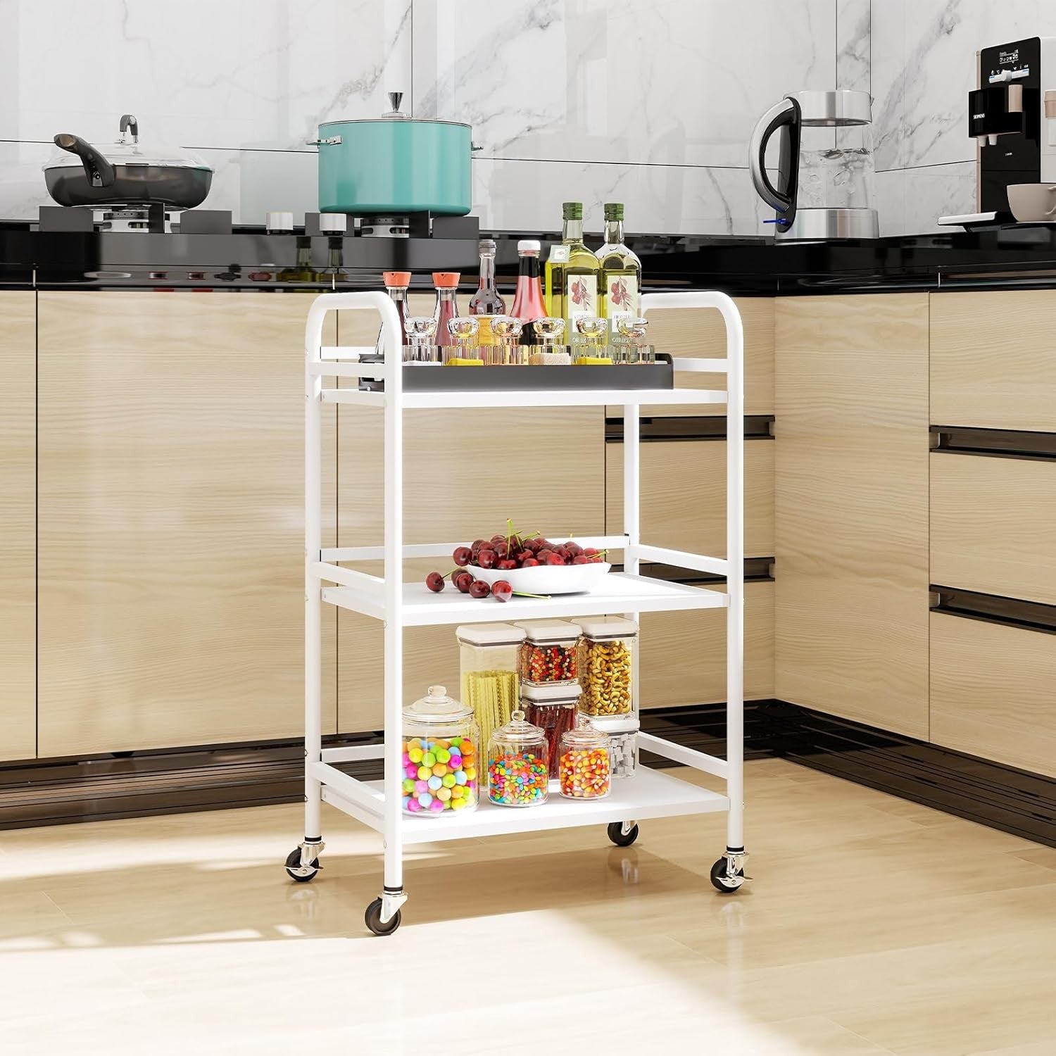 3 Tier Rolling Storage Cart Kitchen Trolley Metal Shelves with Wheels White