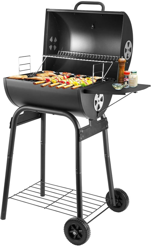Charcoal BBQ Grill Smoker Outdoor | 2-in-1 Barrel Barbecue | Side Shelves