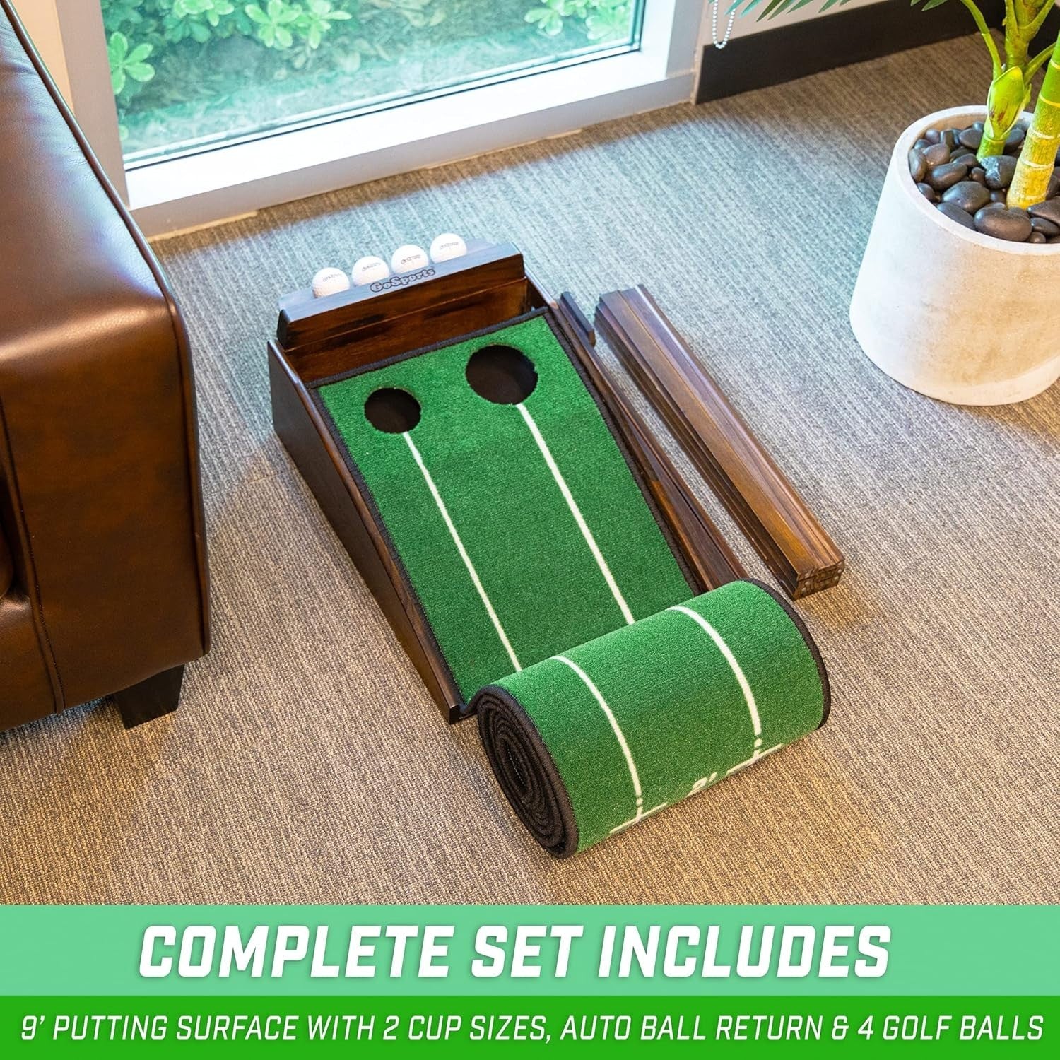 9ft Golf Putting Green Mat Indoor Practice Trainer Dual Hole Ramp Set