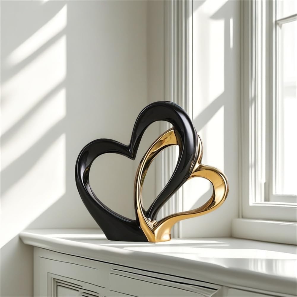 Modern Double Heart Ceramic Sculpture • Black & Gold Romantic Home Decor Gift