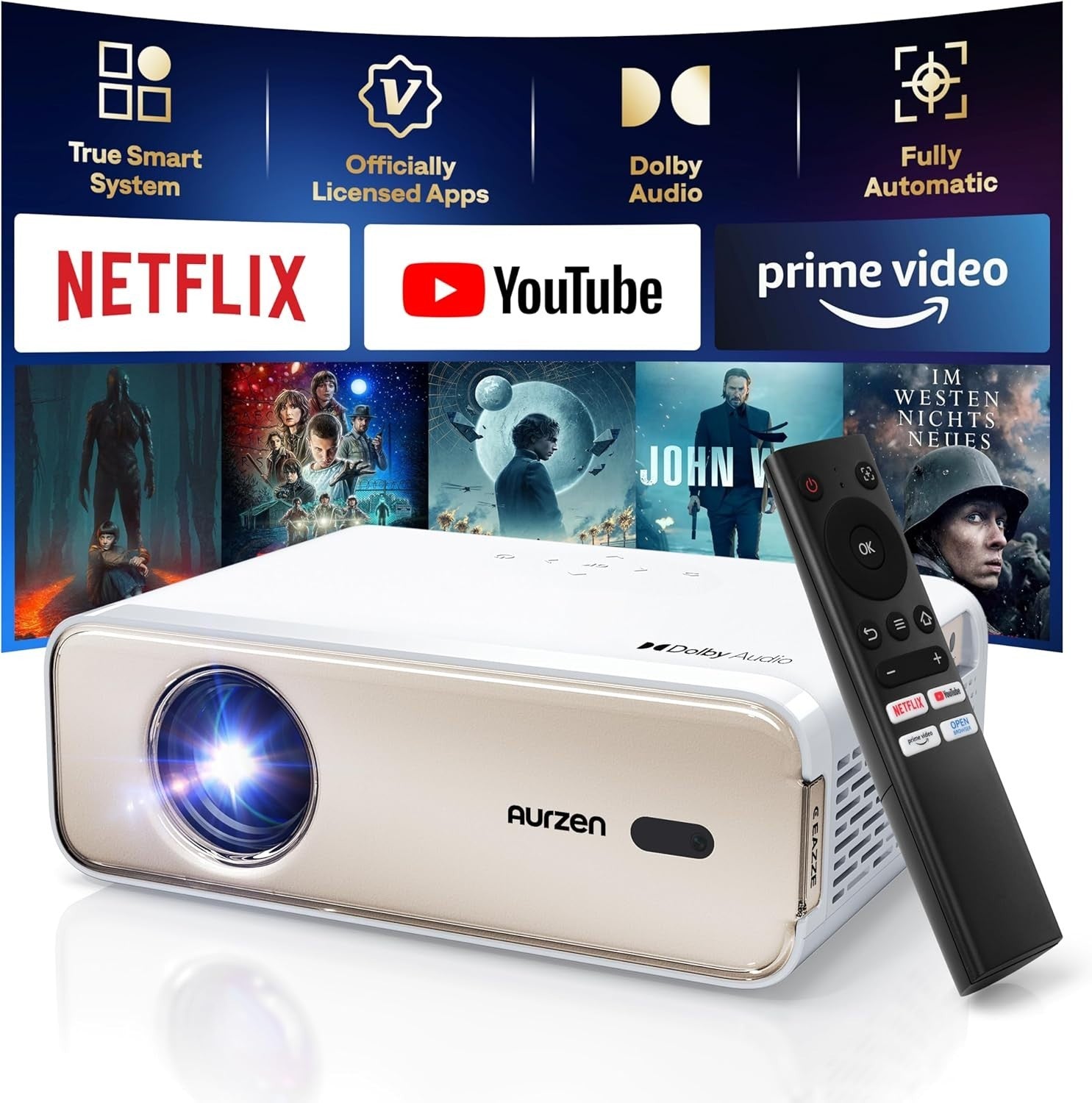 1080P Smart Projector 4K Netflix Dolby WiFi Bluetooth Auto Focus