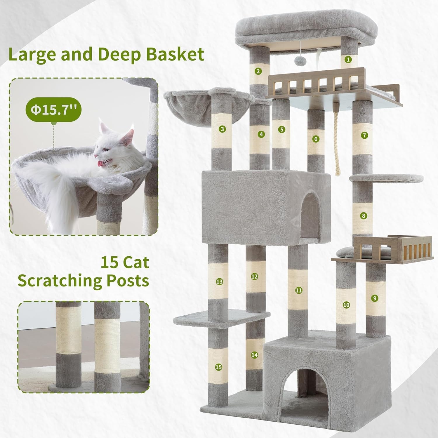 Heavy Duty Cat Tree Tower for Large Cats Maine Coon Condo Hammock 15 Posts