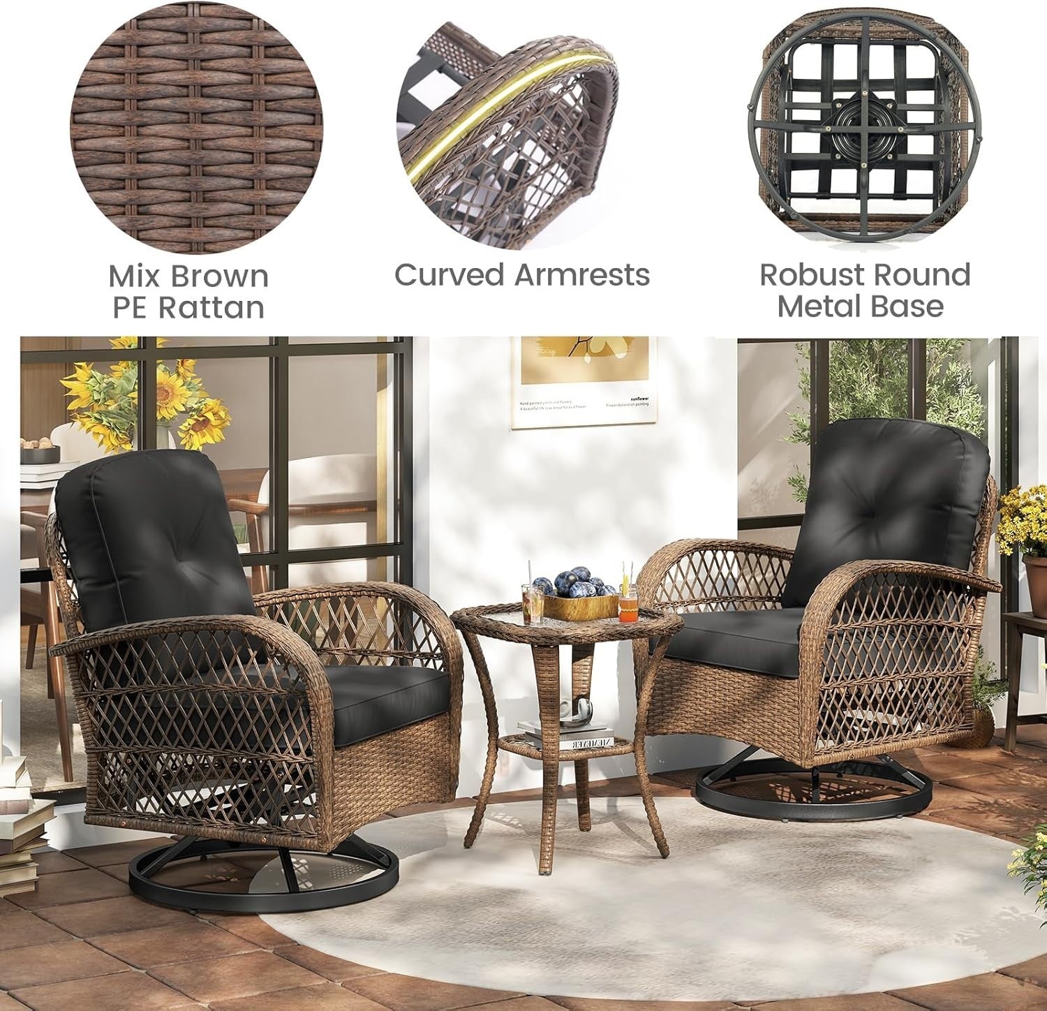 Luxury Swivel Rattan Bistro Set Reclining Chairs Coffee Table Garden Patio