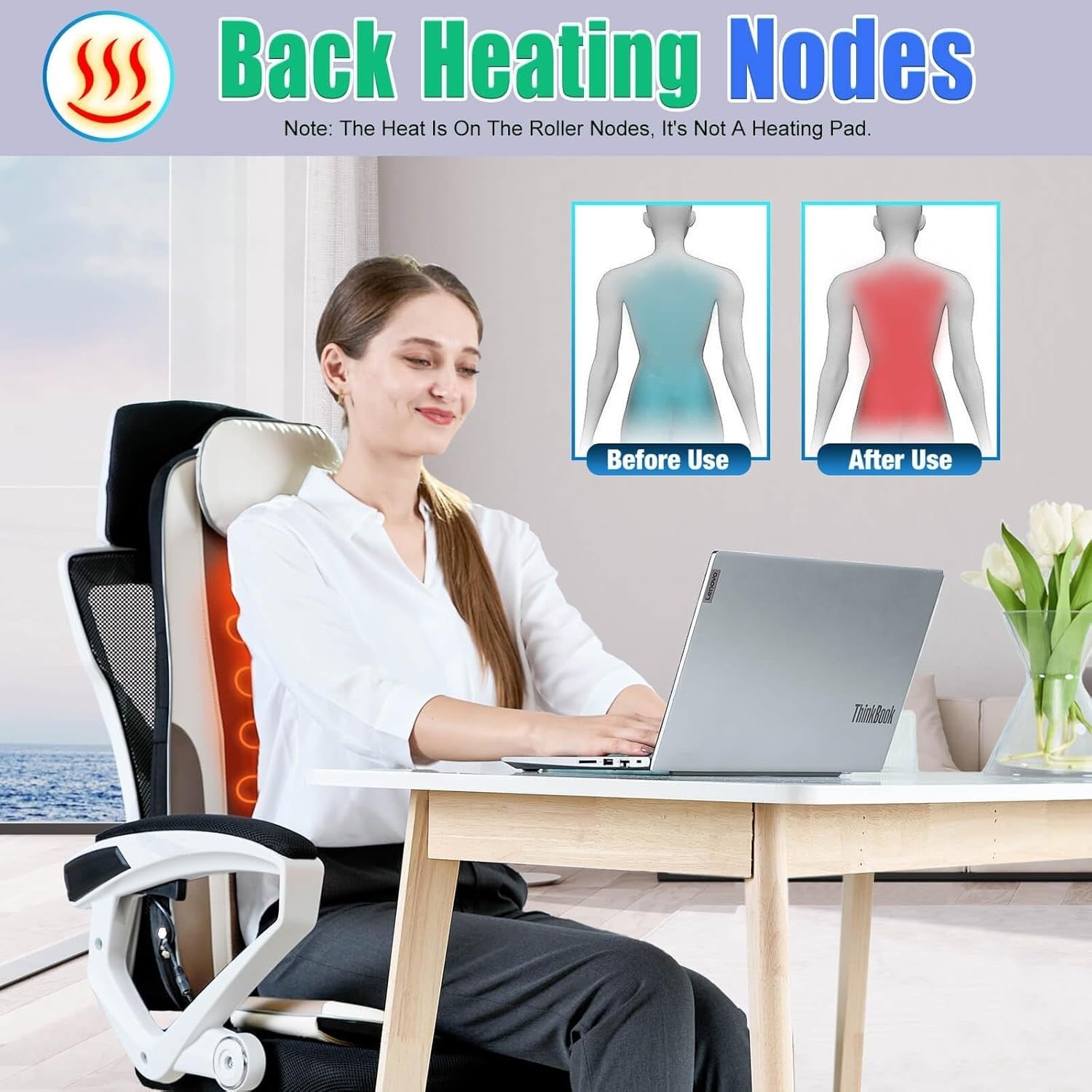 Shiatsu Back Massager Chair Pad Heat Kneading Roller Seat Cushion White
