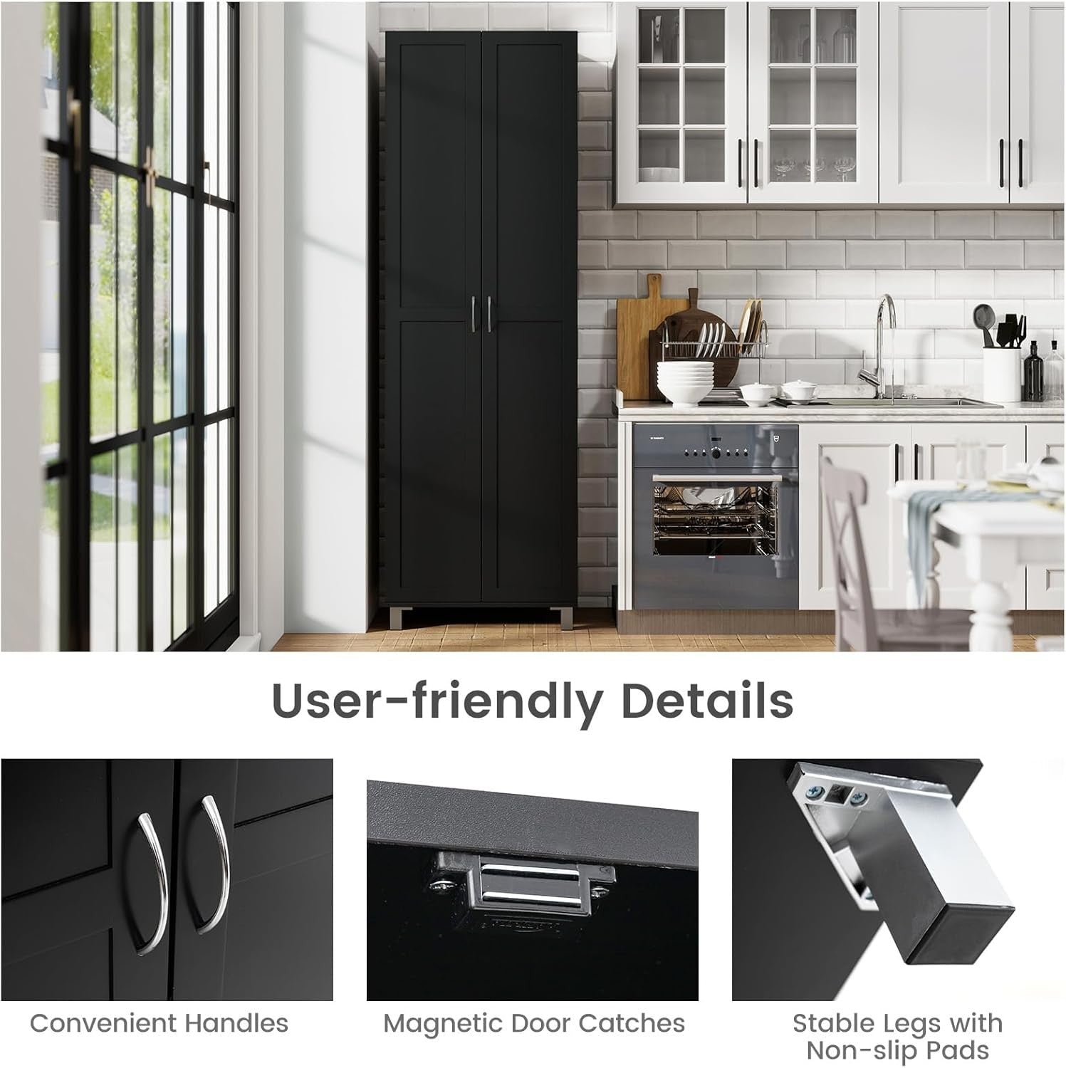 Tall Black Kitchen Cupboard 2 Door Storage Cabinet  Adjustable Shelves