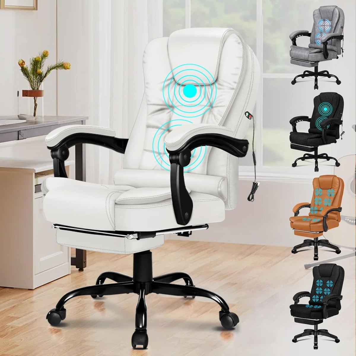 White Massage Office Chair Recliner Footrest Ergonomic PU Leather Swivel
