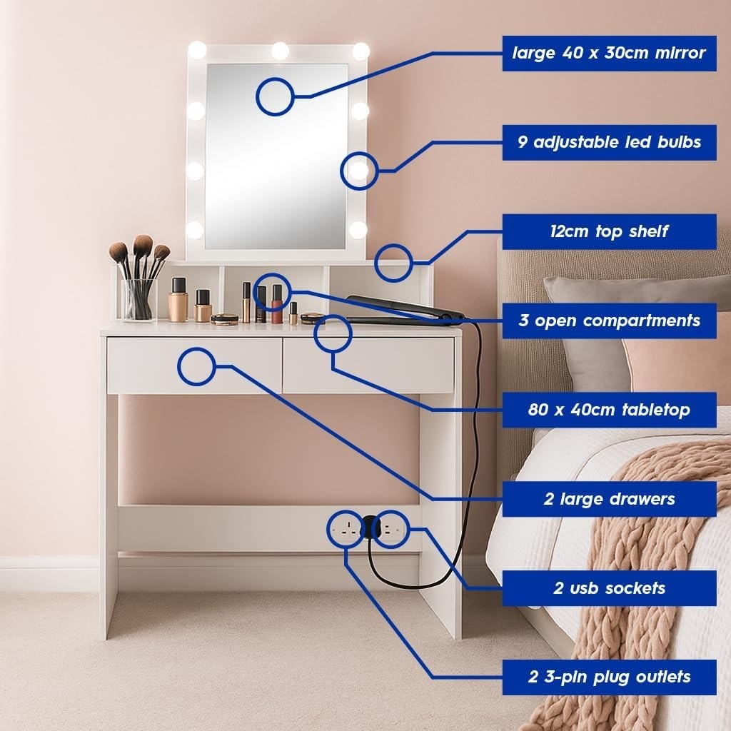 White Wooden Dressing Table w/ 9 LED Lights Mirror & Storage Bedroom