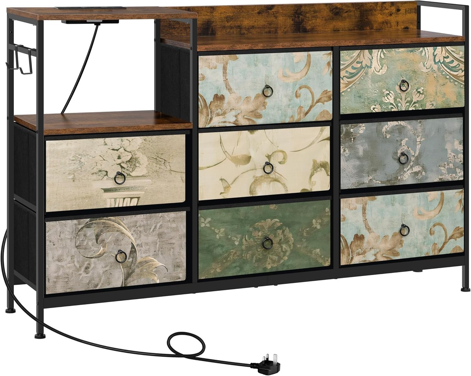 8 Drawer Fabric Chest with USB Ports & Power Strip Vintage Rustic Storage