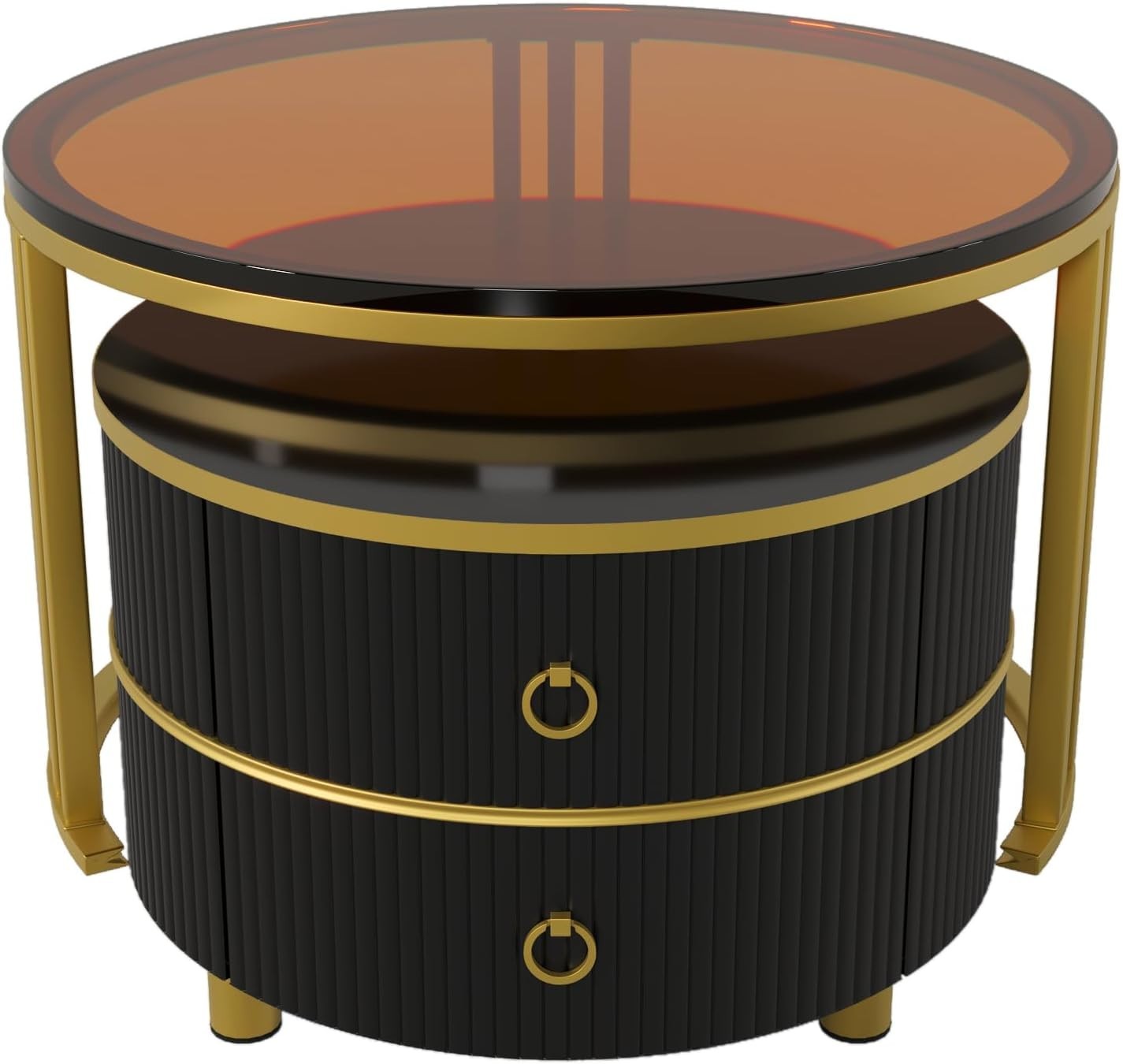 Round Nesting Coffee Tables Set with 2 Drawers, Brown Glass, Space-Saving