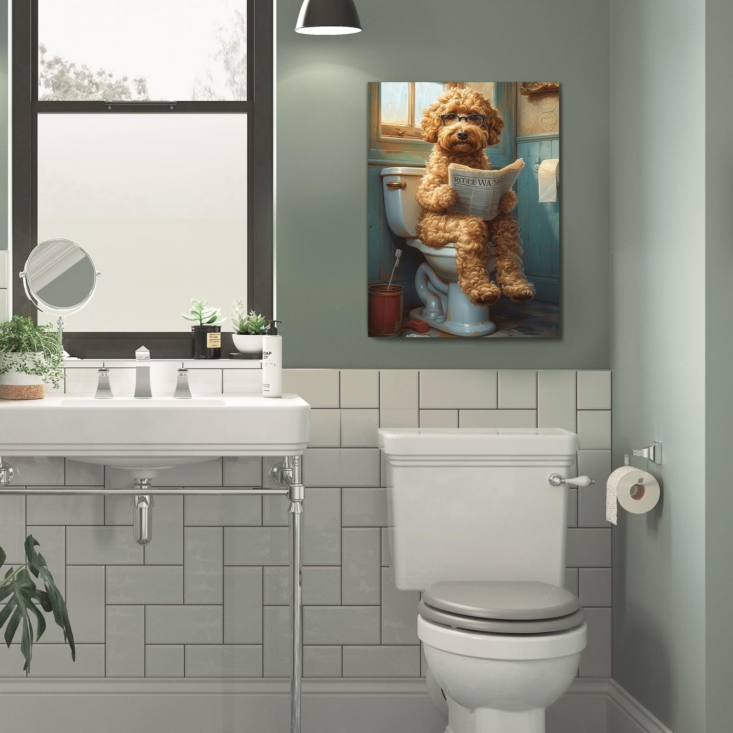 Funny Dog Canvas Wall Art 12x16 Framed Bathroom Decor