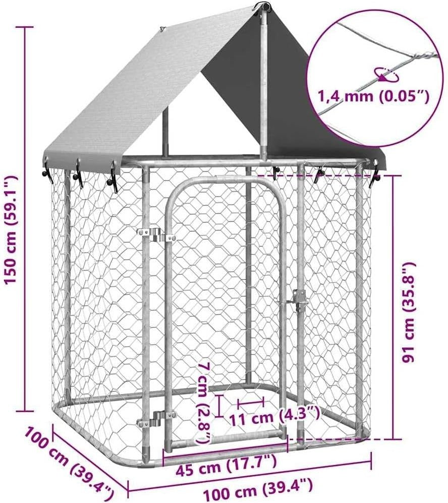 Outdoor Dog Kennel with Roof, Galvanized Steel Puppy Cage 100x100x150cm