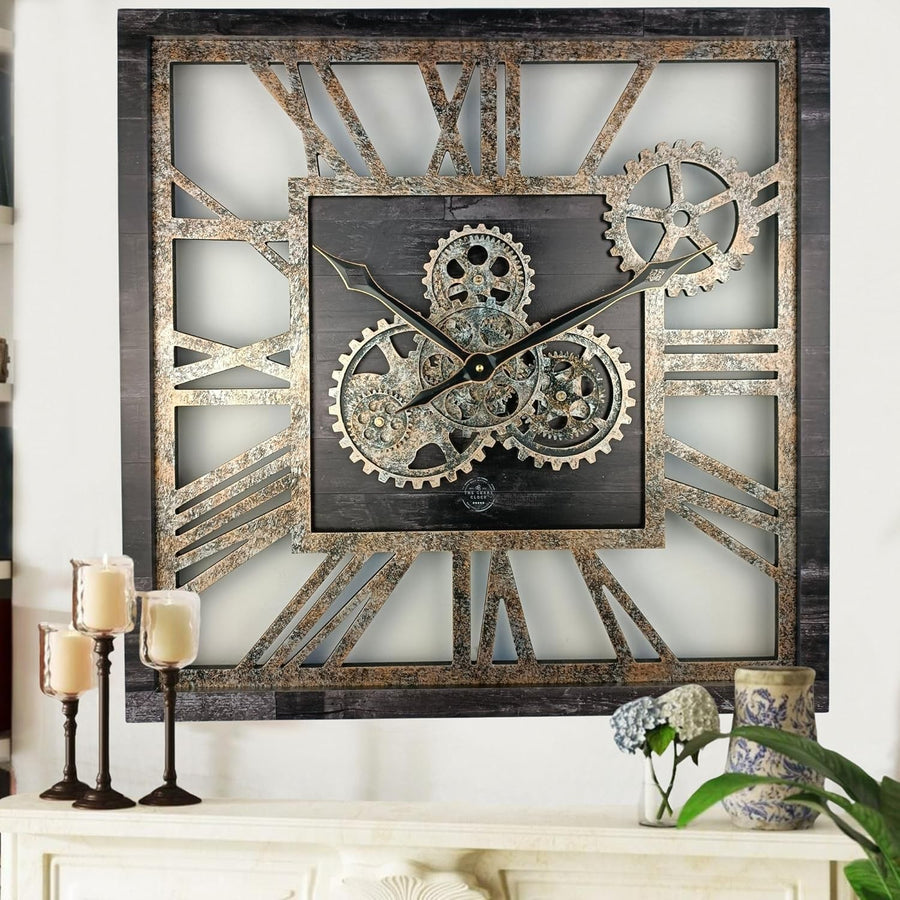 Oversized 24" Gear Wall Clock Square Vintage Black Industrial Rustic Decor
