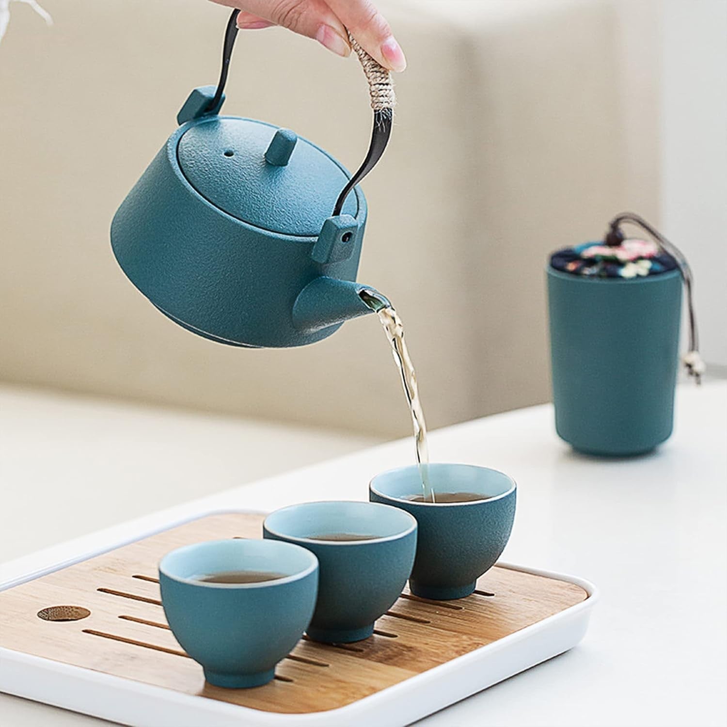 Portable Gongfu Tea Set Ceramic Teapot Cups Bamboo Tray Travel Bag